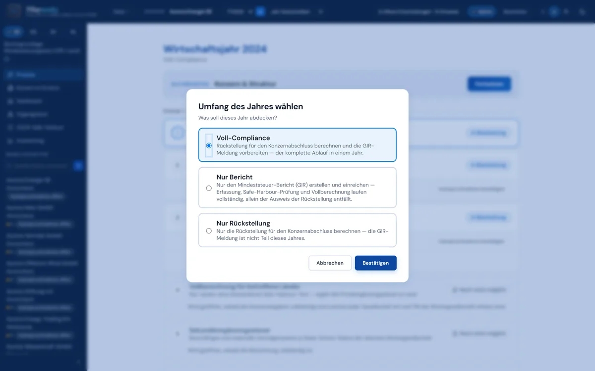 Pillarworks: Dialog Umfang des Jahres wählen mit Voll-Compliance, Nur Bericht und Nur Rückstellung