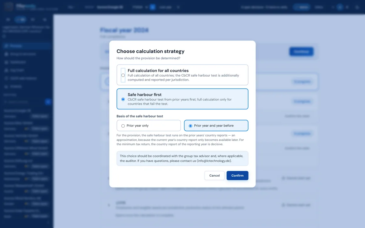 Pillarworks: dialog choosing the calculation strategy with full calculation for all countries and safe harbour first, plus the basis of the safe harbour test